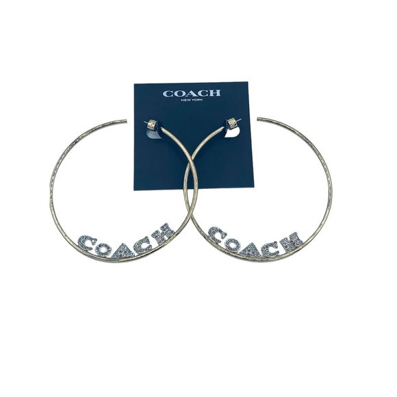 NWT Coach massive huge gold tone Signature Logo Hoop Earrings with rhinestones - Picture 4 of 13